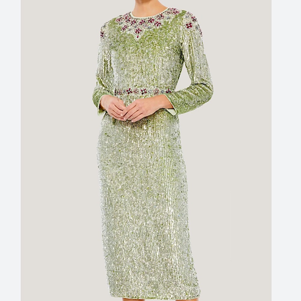 Mac Duggal Pale Green Sequin Embellished Long Sleeve Midi Dress